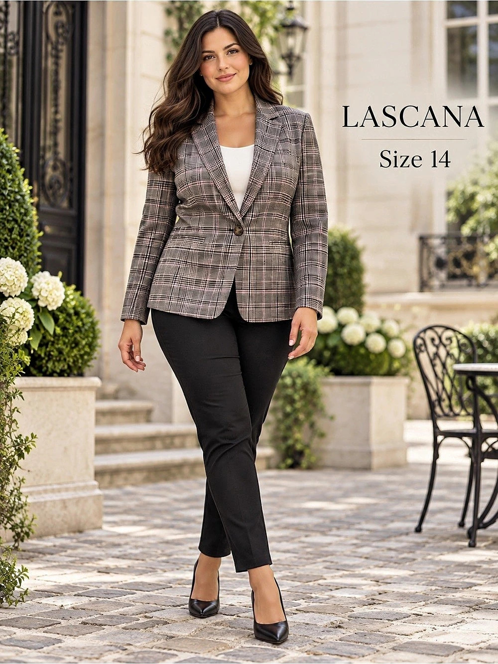 LASCANA Glen Plaid Blazer Size 14 Tan Brown Pink Single Button Stretch Lined